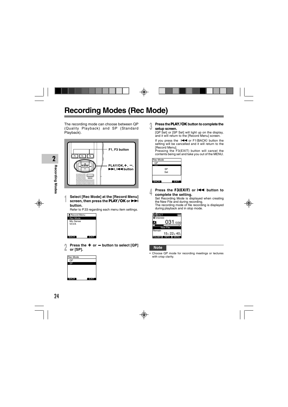 Recording modes (rec mode) | Olympus DS-2400 User Manual | Page 24 / 64
