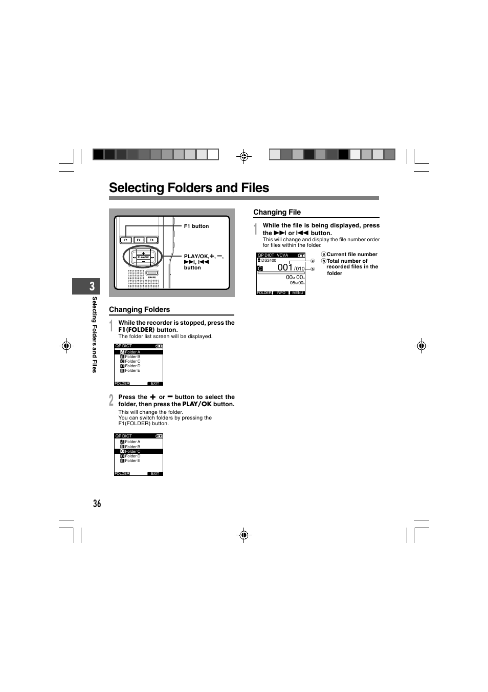 Selecting folders and files | Olympus DS-2400 User Manual | Page 36 / 64