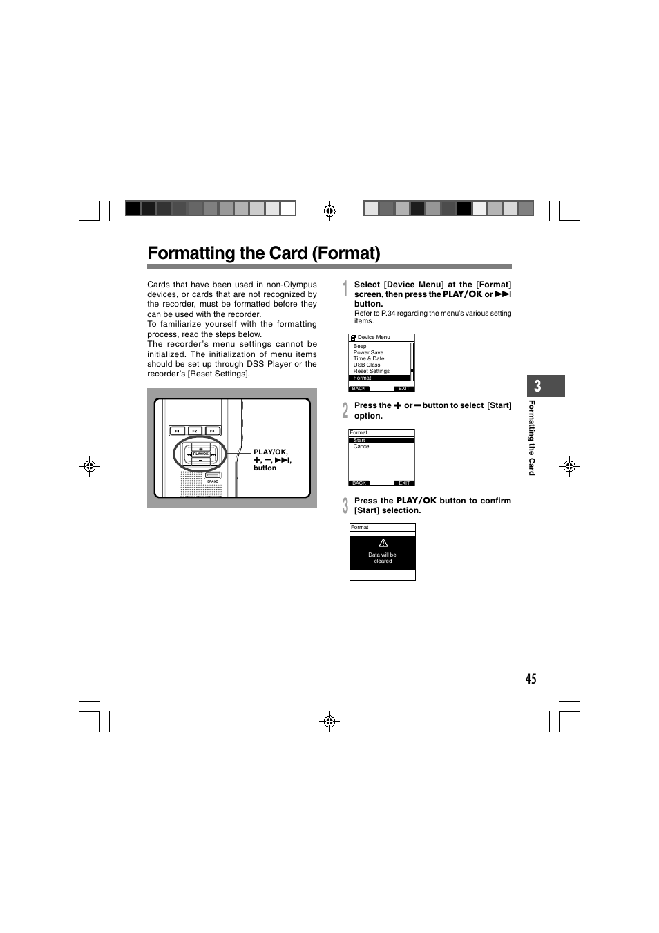 Formatting the card (format) | Olympus DS-2400 User Manual | Page 45 / 64