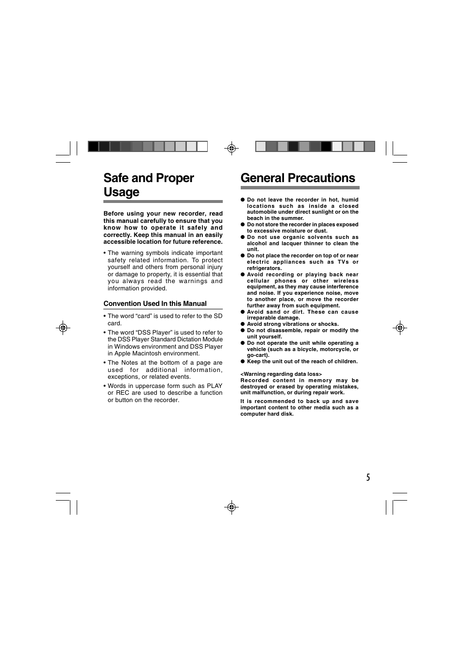 Safe and proper usage, General precautions | Olympus DS-2400 User Manual | Page 5 / 64