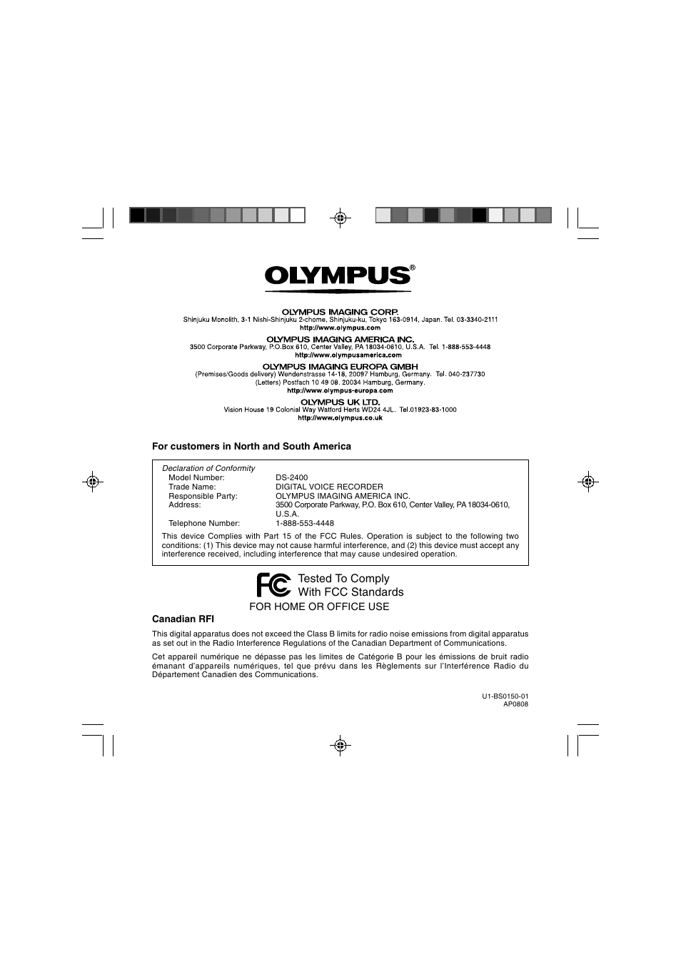 Tested to comply with fcc standards | Olympus DS-2400 User Manual | Page 64 / 64