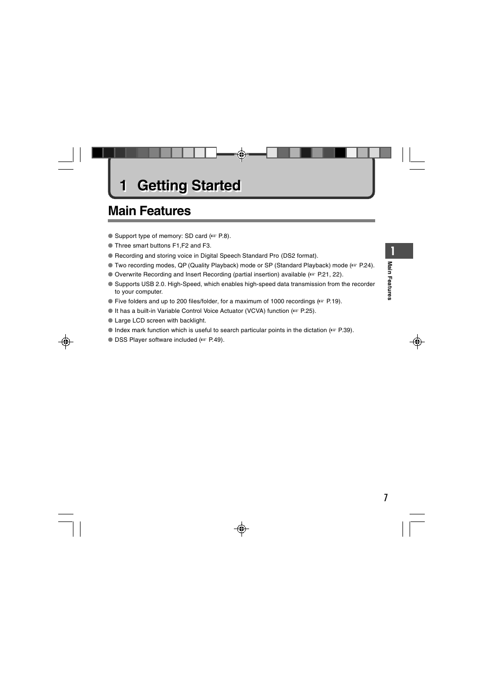 1 getting started, Main features | Olympus DS-2400 User Manual | Page 7 / 64