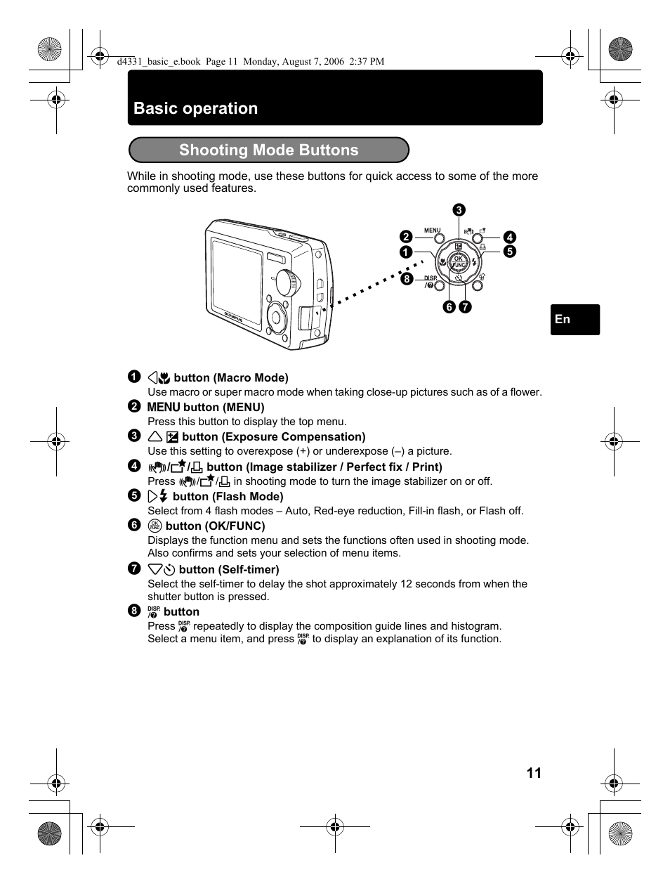 Basic operation, Shooting mode buttons | Olympus D 1000 User Manual | Page 11 / 84