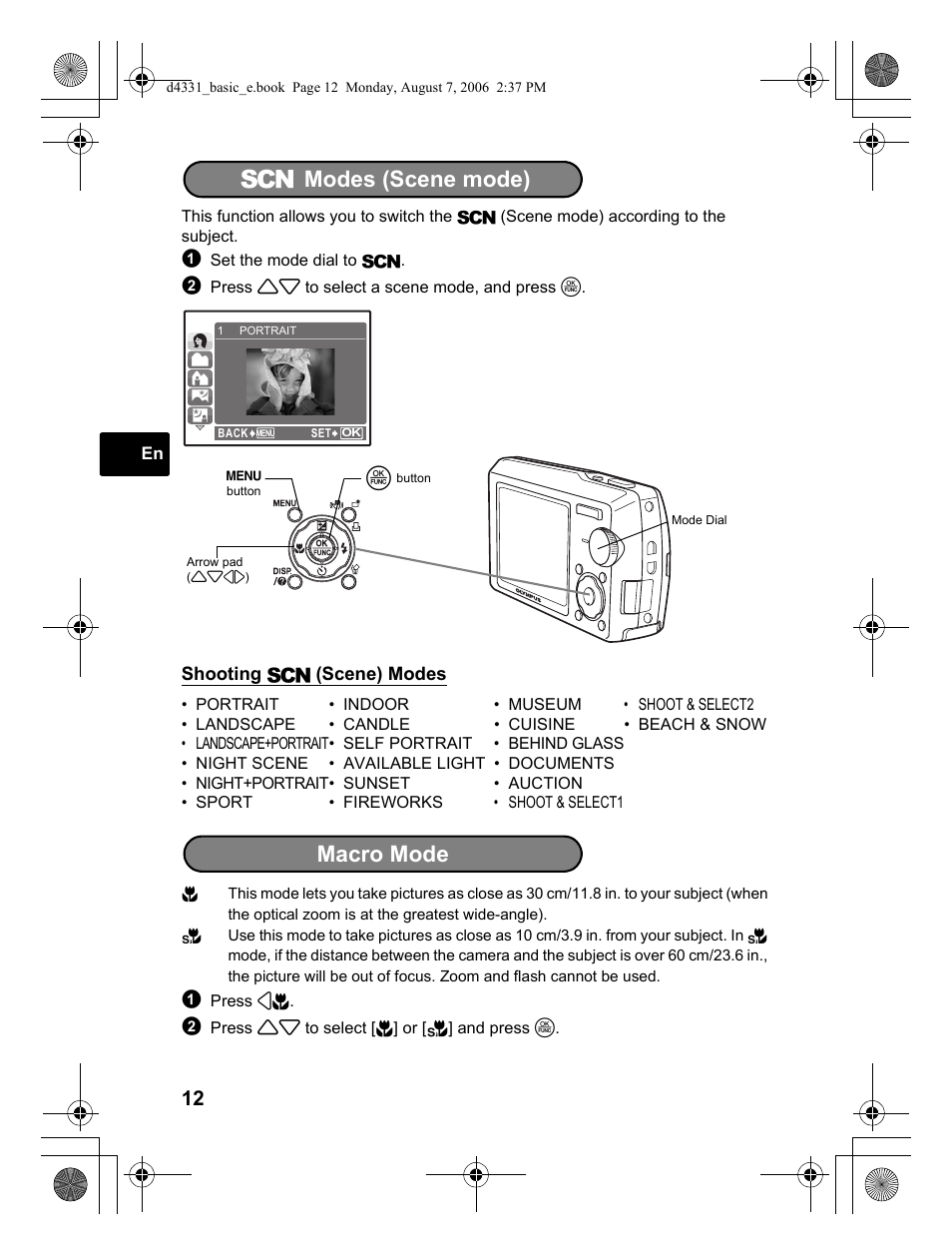 Scn modes, Macro mode, Modes (scene mode) s | Olympus D 1000 User Manual | Page 12 / 84