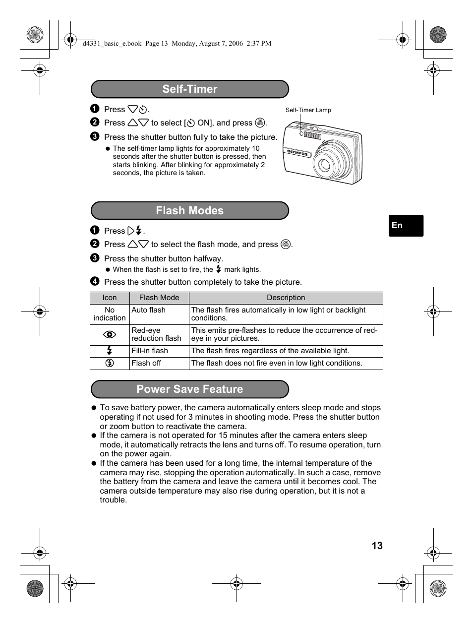 Self-timer, Flash modes, Power save feature | Flash modes power save feature | Olympus D 1000 User Manual | Page 13 / 84