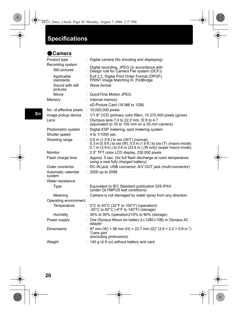 Specifications, Camera | Olympus D 1000 User Manual | Page 20 / 84