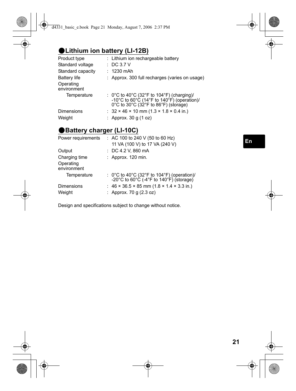 Lithium ion battery (li-12b), Battery charger (li-10c) | Olympus D 1000 User Manual | Page 21 / 84