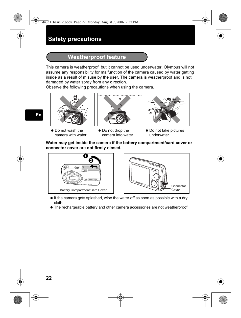 Safety precautions, Weatherproof feature | Olympus D 1000 User Manual | Page 22 / 84