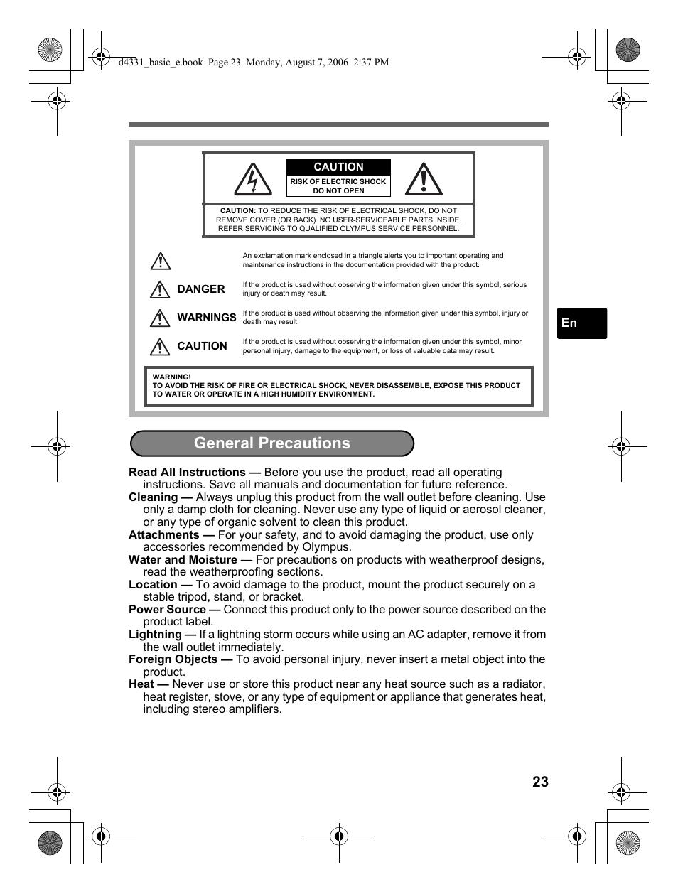 General precautions | Olympus D 1000 User Manual | Page 23 / 84