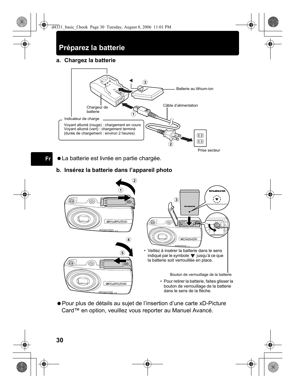 Préparez la batterie | Olympus D 1000 User Manual | Page 30 / 84