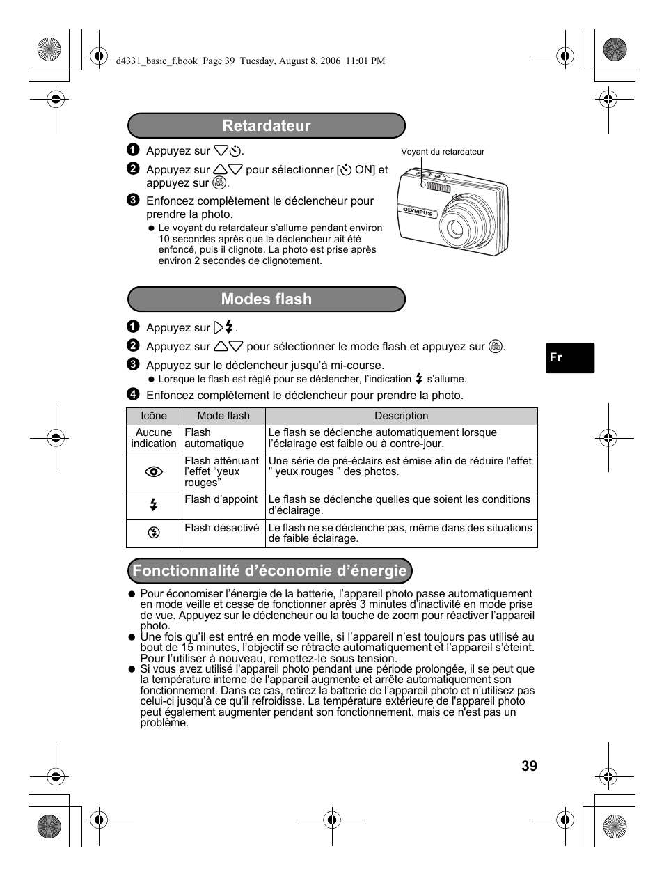 Retardateur, Modes flash fonctionnalité d’économie d’énergie | Olympus D 1000 User Manual | Page 39 / 84