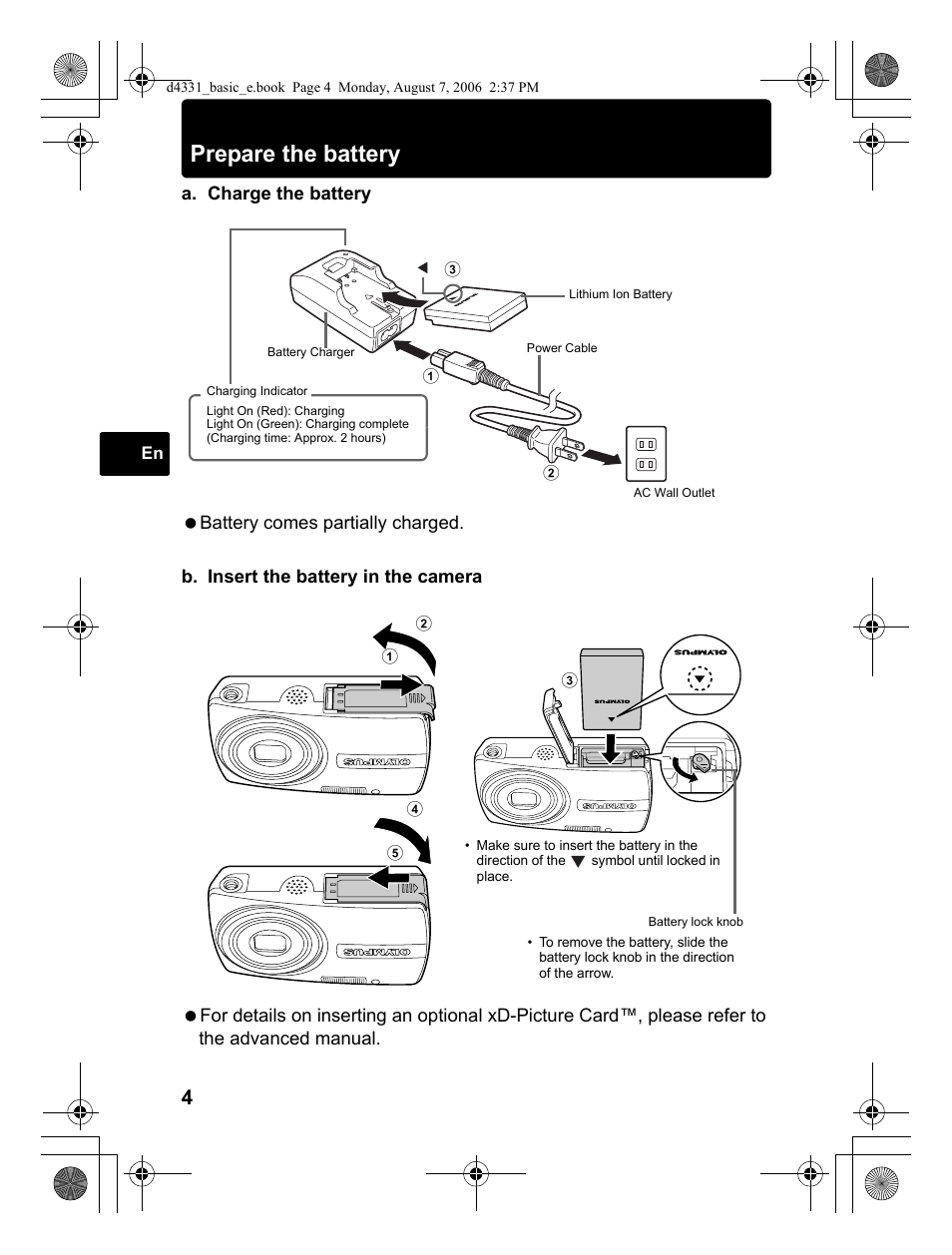 Prepare the battery | Olympus D 1000 User Manual | Page 4 / 84