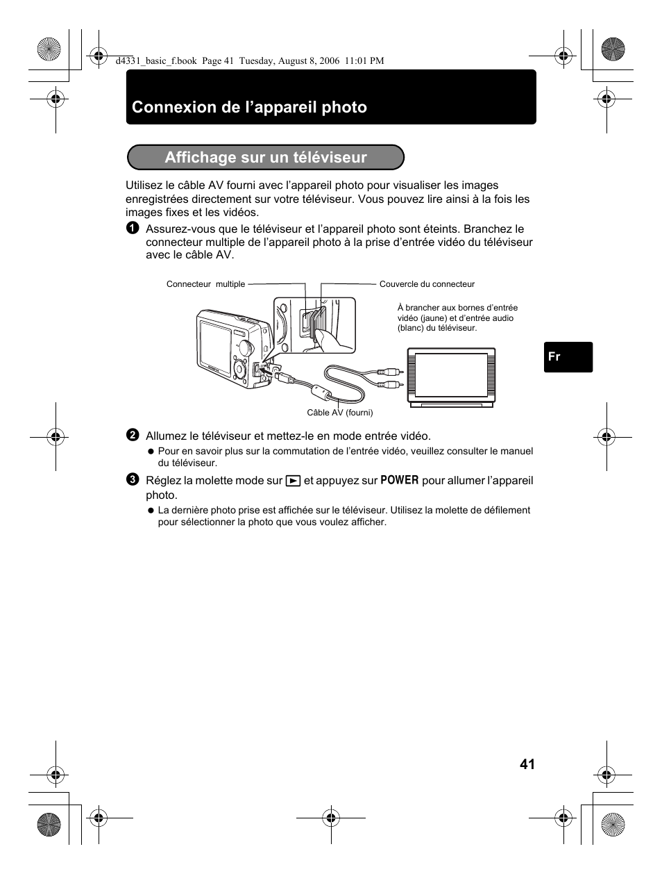 Connexion de l’appareil photo, Affichage sur un téléviseur | Olympus D 1000 User Manual | Page 41 / 84