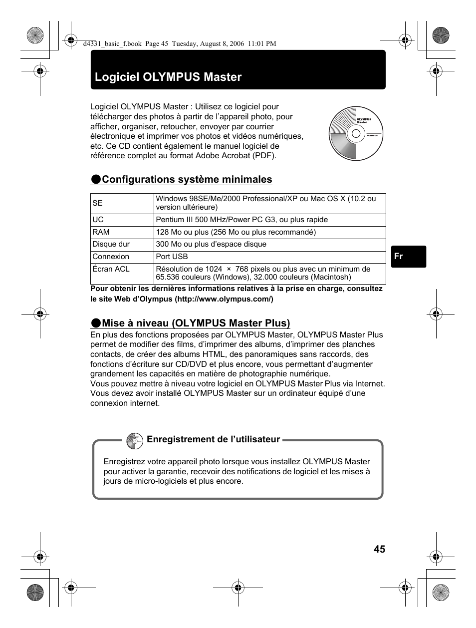 Logiciel olympus master, Configurations système minimales, Mise à niveau (olympus master plus) | Olympus D 1000 User Manual | Page 45 / 84