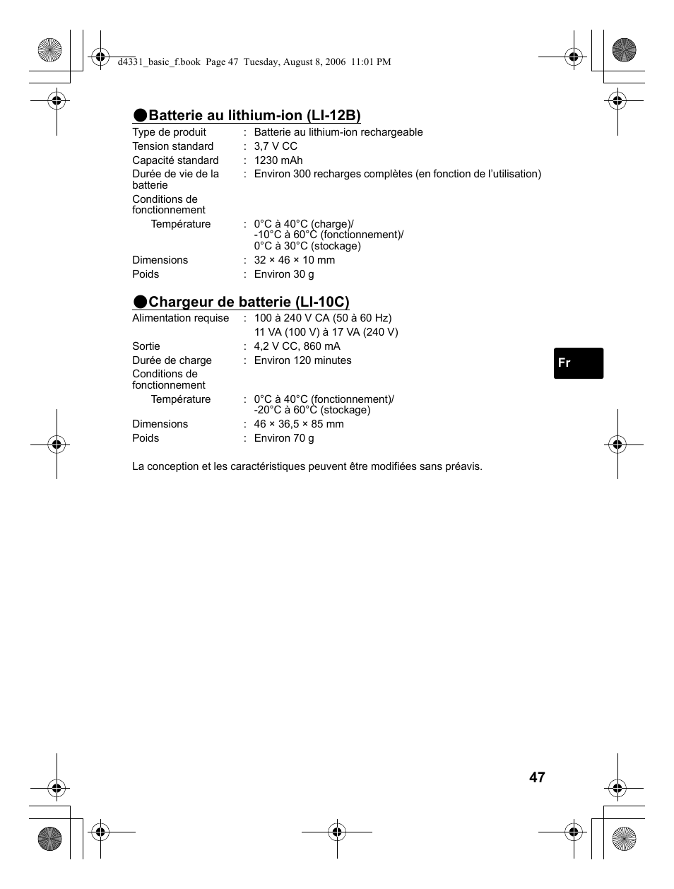 Batterie au lithium-ion (li-12b), Chargeur de batterie (li-10c) | Olympus D 1000 User Manual | Page 47 / 84