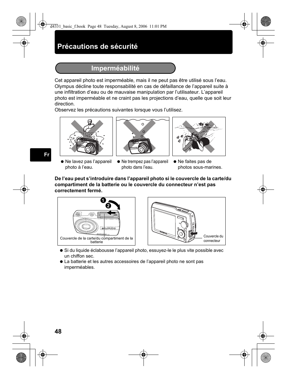 Précautions de sécurité, Imperméabilité | Olympus D 1000 User Manual | Page 48 / 84