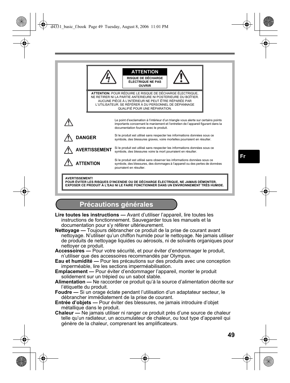 Précautions générales | Olympus D 1000 User Manual | Page 49 / 84