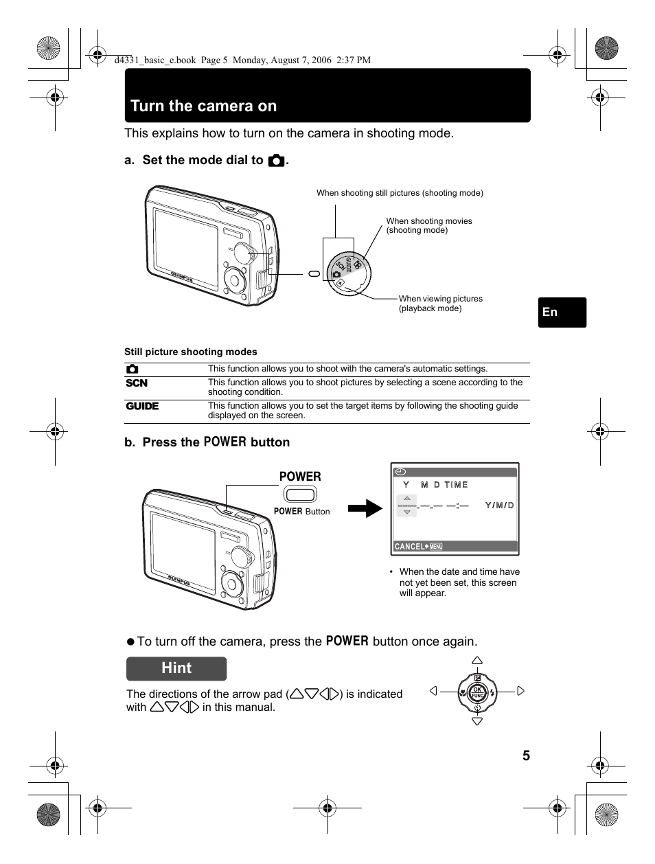 Turn the camera on, Hint | Olympus D 1000 User Manual | Page 5 / 84