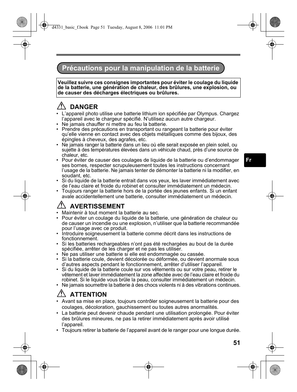 Précautions pour la manipulation de la batterie, Danger, Avertissement | Attention | Olympus D 1000 User Manual | Page 51 / 84