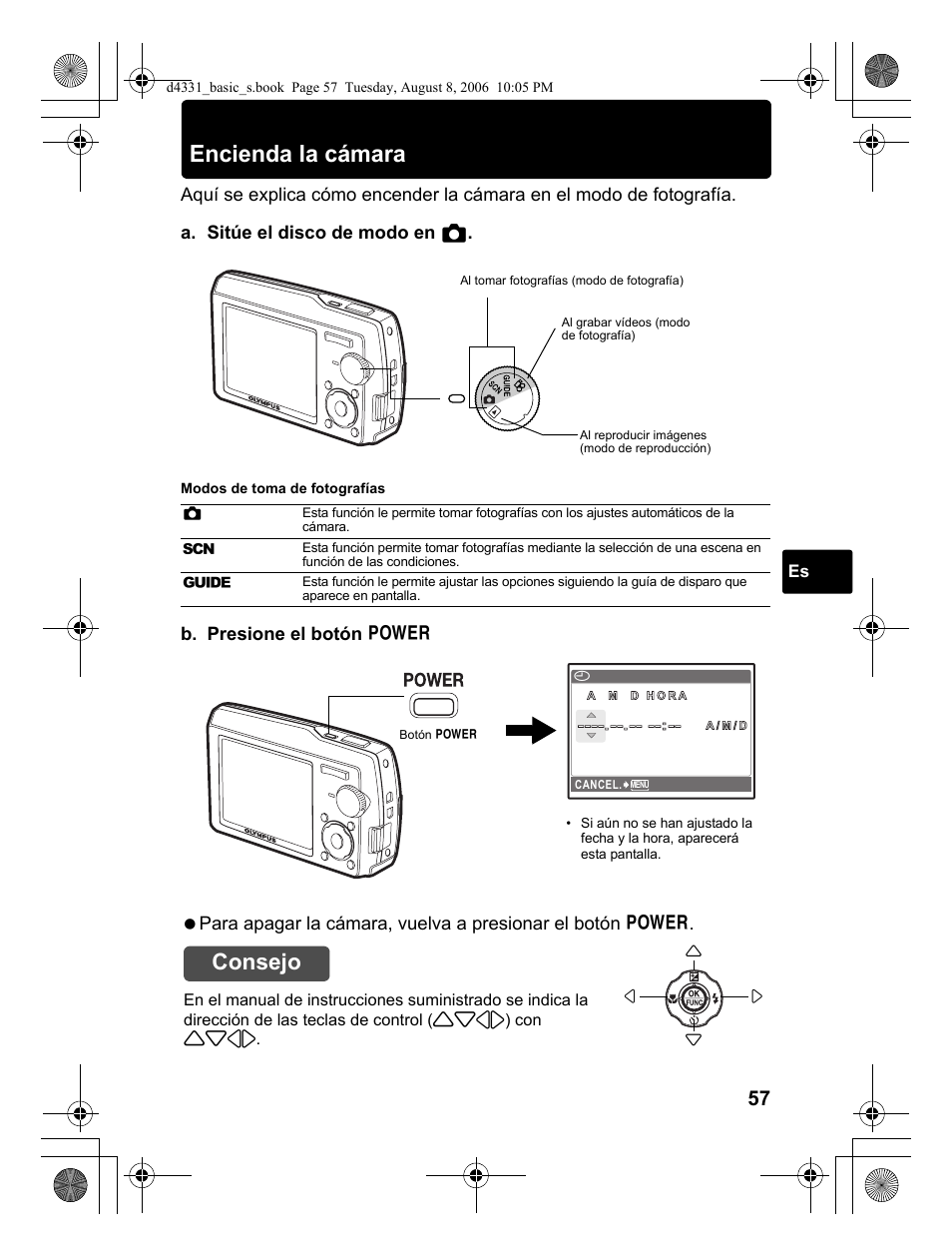 Encienda la cámara, Consejo | Olympus D 1000 User Manual | Page 57 / 84