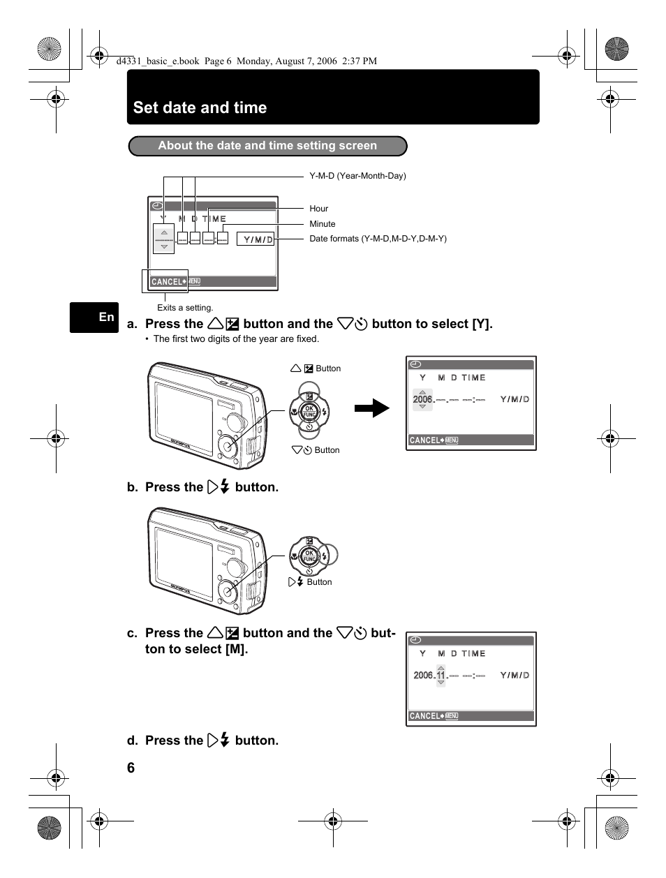 Set date and time, About the date and time setting screen | Olympus D 1000 User Manual | Page 6 / 84