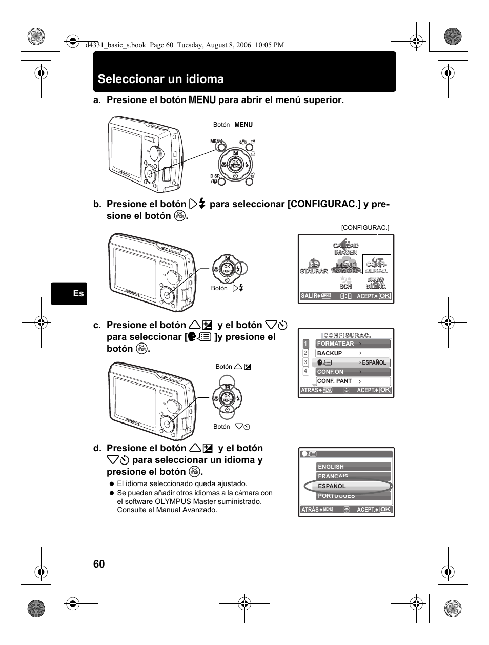 Seleccionar un idioma | Olympus D 1000 User Manual | Page 60 / 84