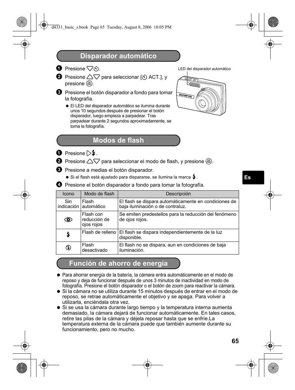 Disparador automático, Modos de flash función de ahorro de energía | Olympus D 1000 User Manual | Page 65 / 84