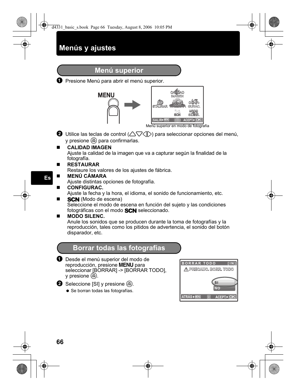 Menús y ajustes, Menú superior, Borrar todas las fotografías | Olympus D 1000 User Manual | Page 66 / 84