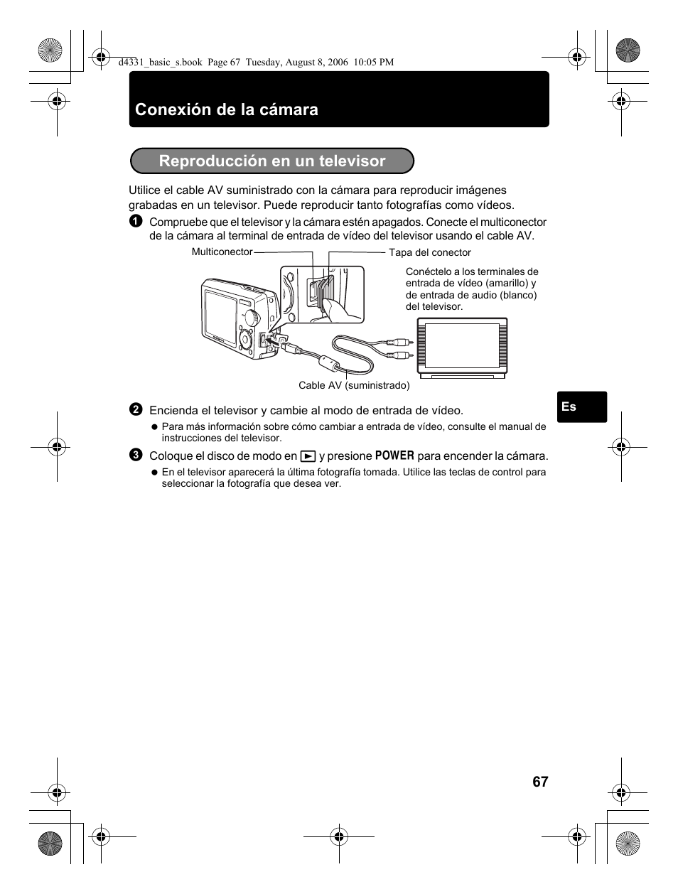 Conexión de la cámara, Reproducción en un televisor | Olympus D 1000 User Manual | Page 67 / 84