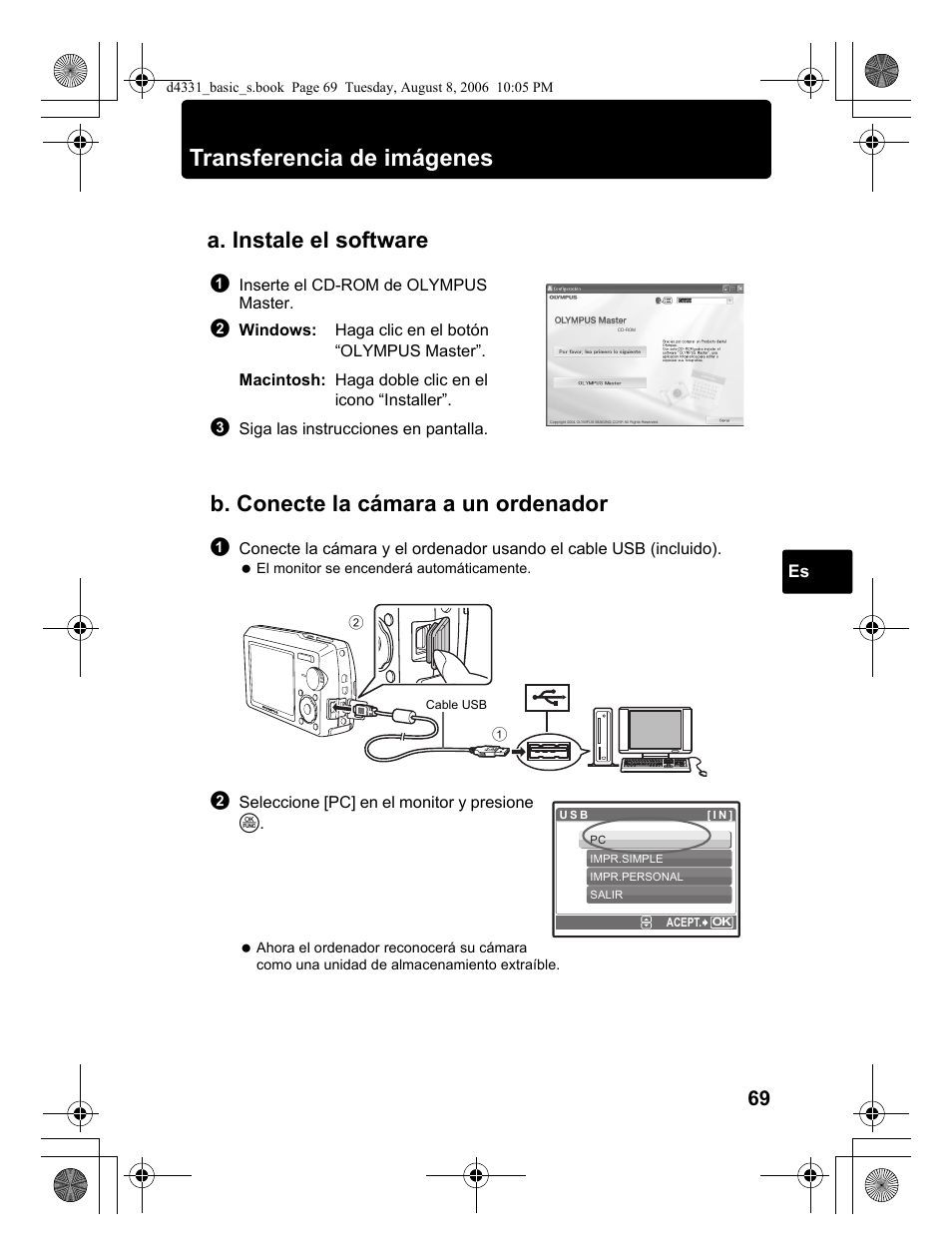 Transferencia de imágenes, A. instale el software, B. conecte la cámara a un ordenador | Olympus D 1000 User Manual | Page 69 / 84