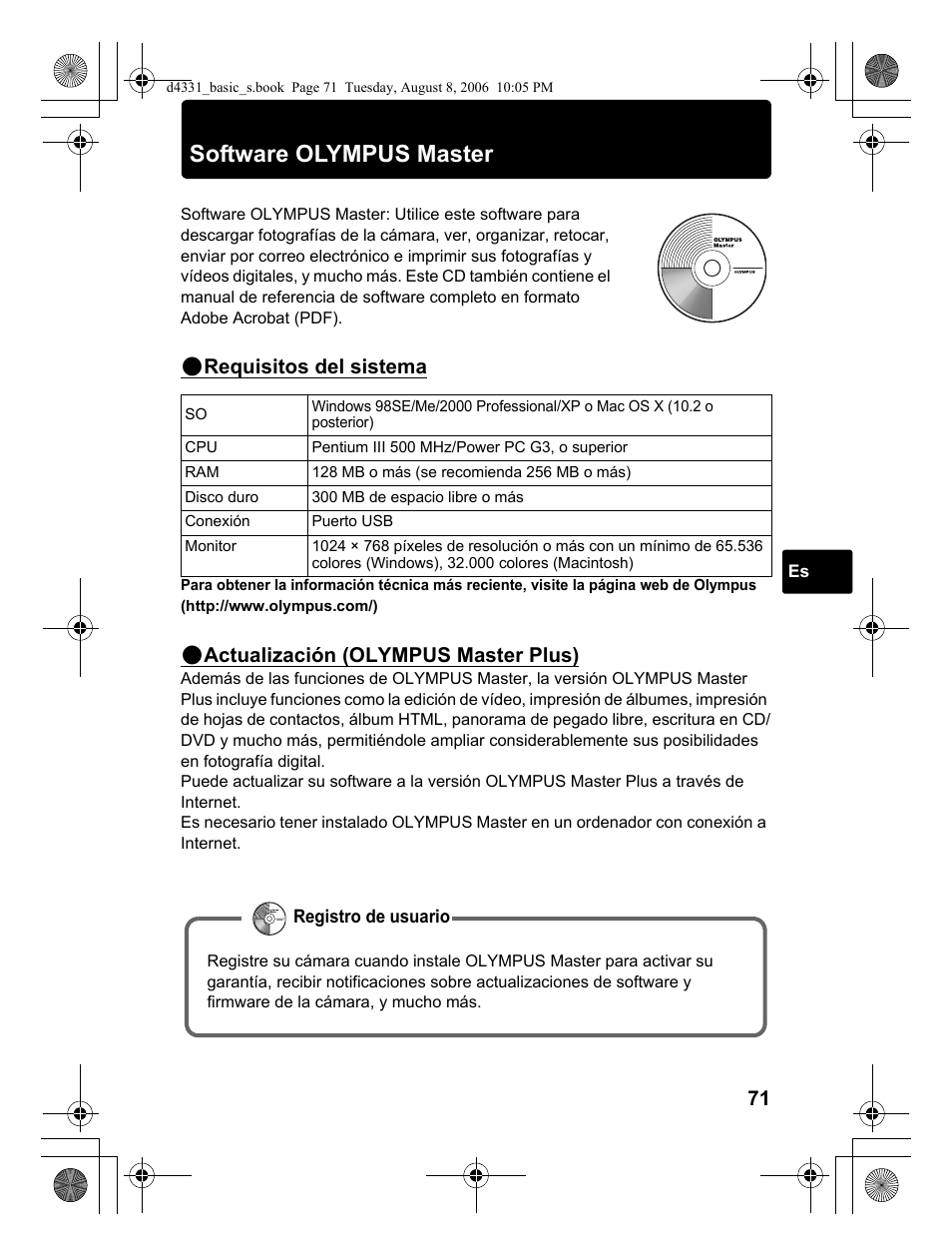 Software olympus master, Requisitos del sistema, Actualización (olympus master plus) | Olympus D 1000 User Manual | Page 71 / 84