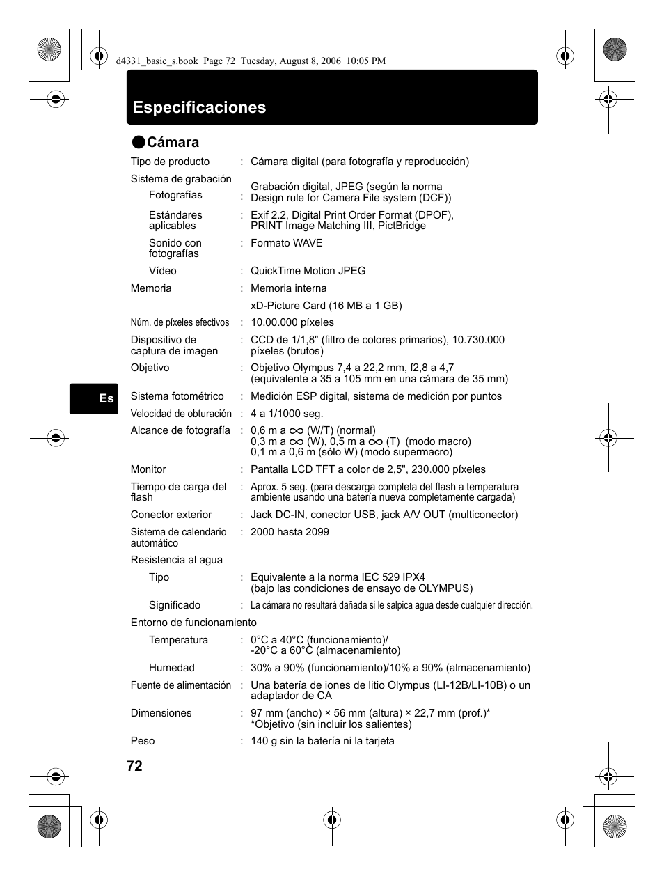 Especificaciones, Cámara | Olympus D 1000 User Manual | Page 72 / 84