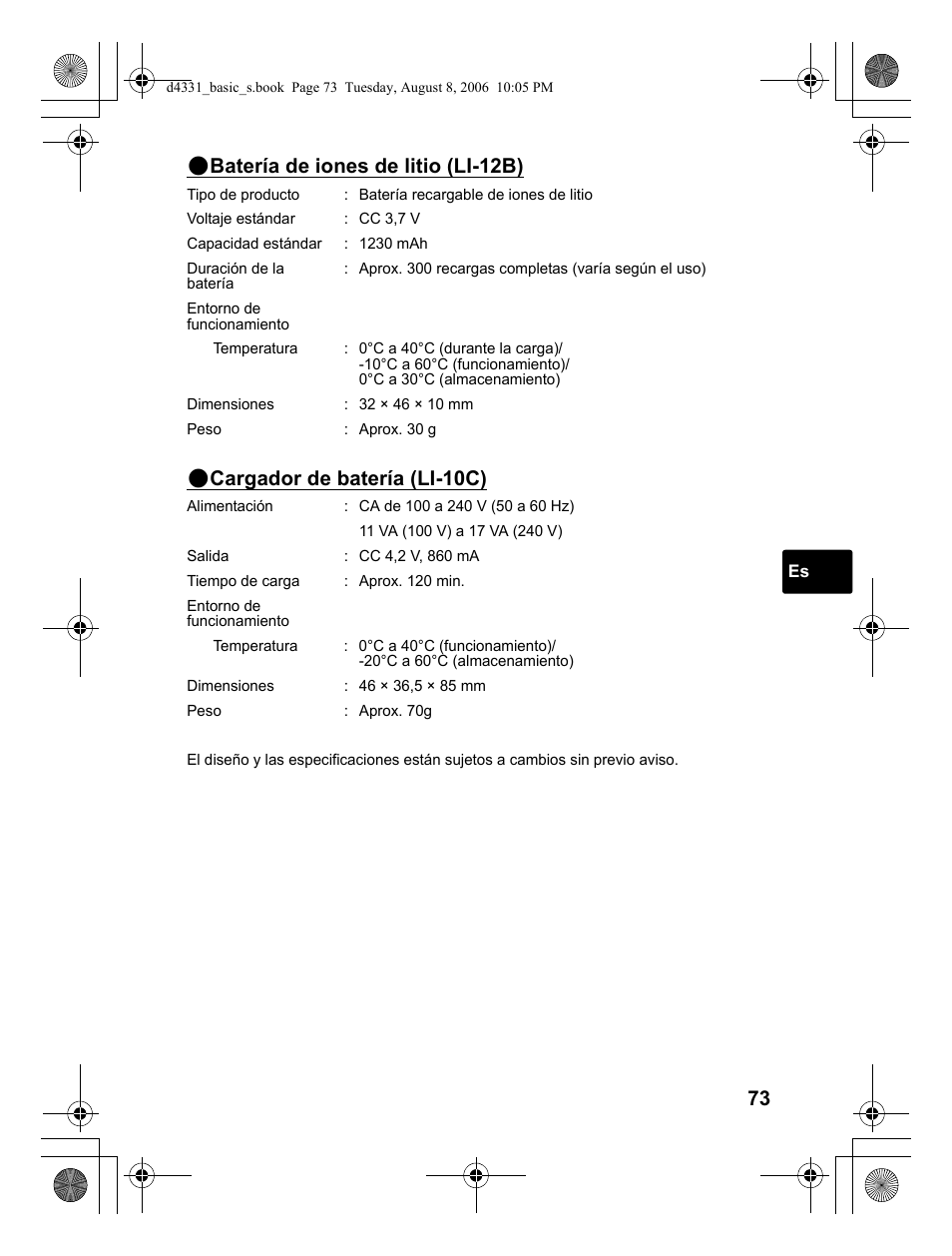 Batería de iones de litio (li-12b), Cargador de batería (li-10c) | Olympus D 1000 User Manual | Page 73 / 84