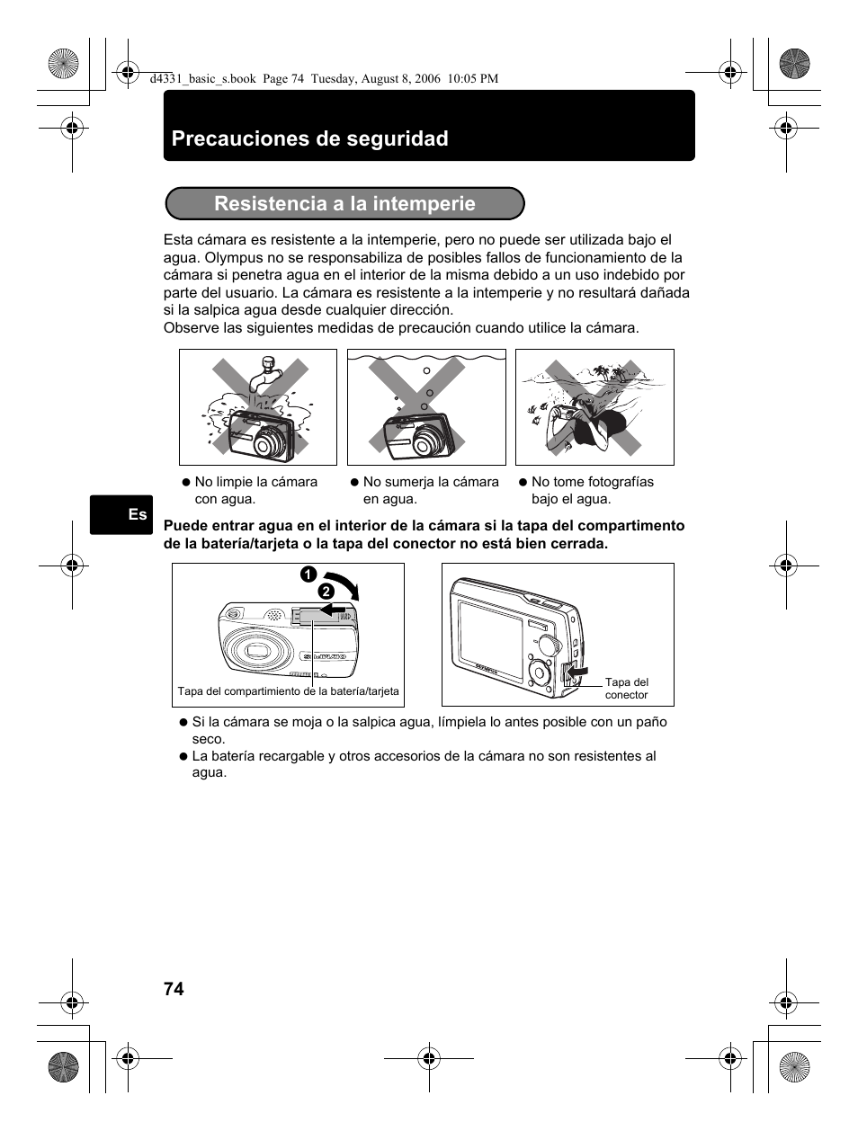 Precauciones de seguridad, Resistencia a la intemperie | Olympus D 1000 User Manual | Page 74 / 84