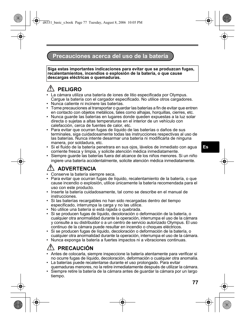 Precauciones acerca del uso de la batería, Peligro, Advertencia | Precaución | Olympus D 1000 User Manual | Page 77 / 84
