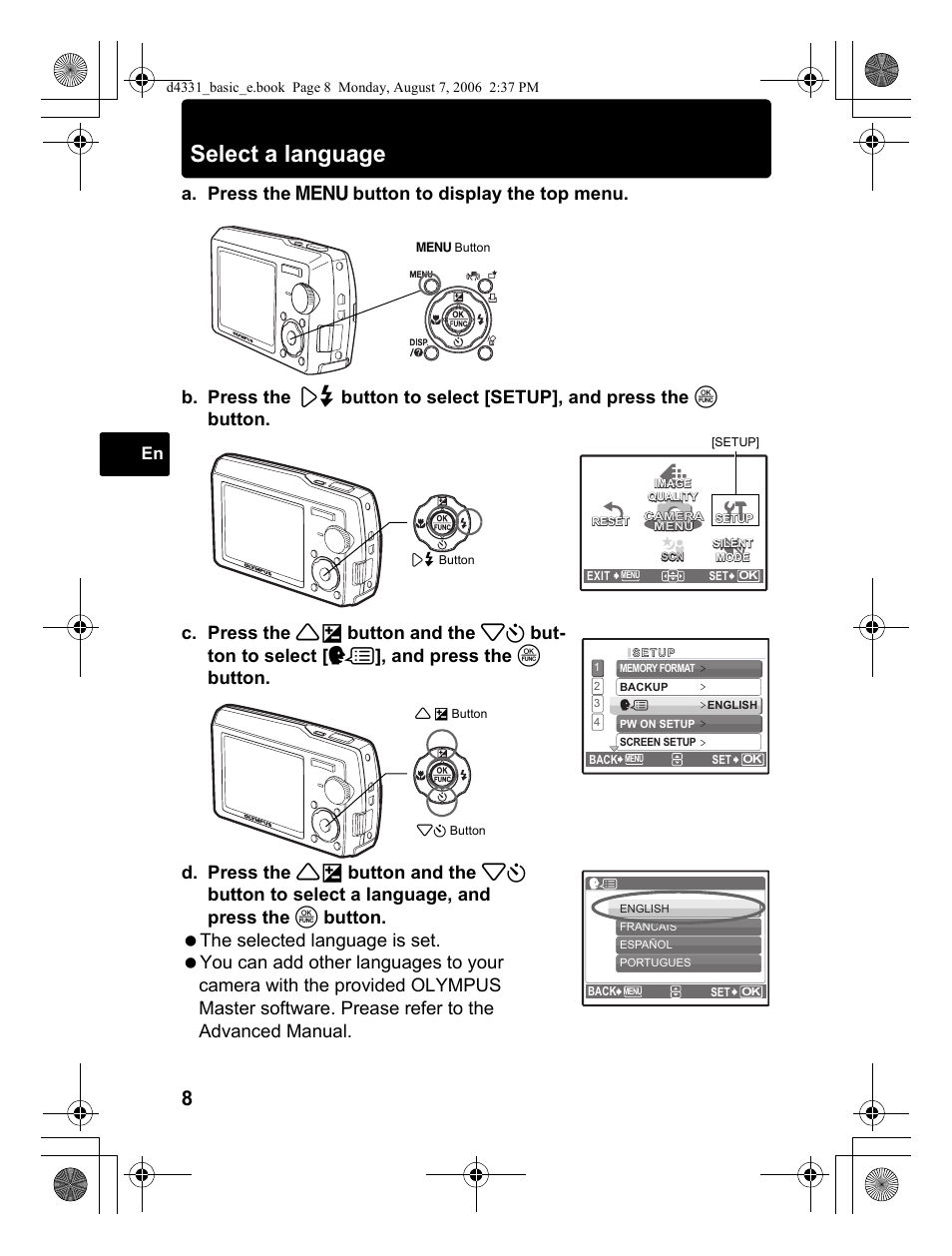 Select a language | Olympus D 1000 User Manual | Page 8 / 84