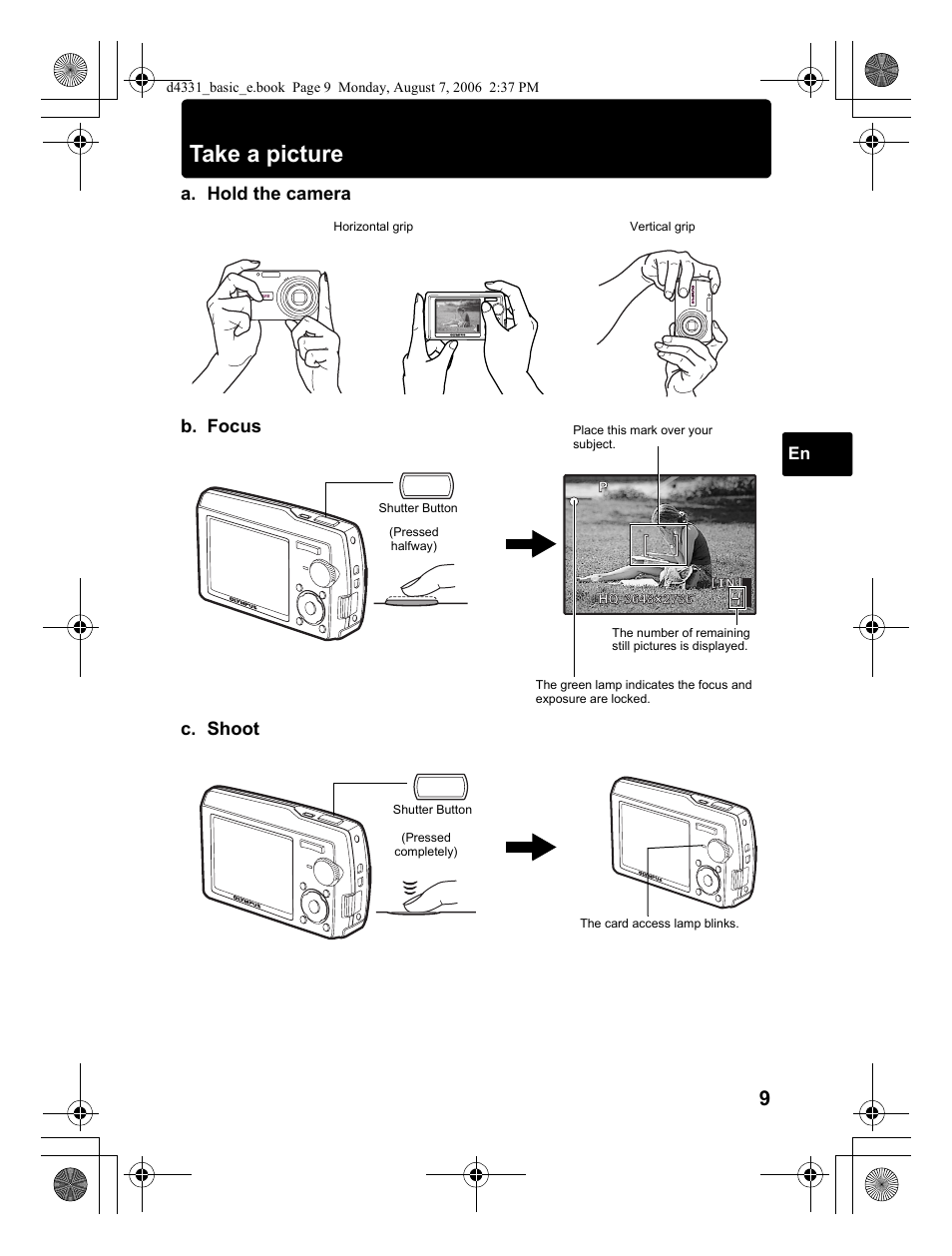 Take a picture, A. hold the camera c. shoot, B. focus | Olympus D 1000 User Manual | Page 9 / 84