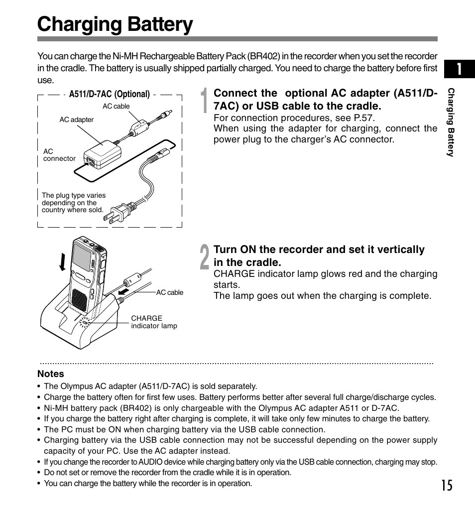 Charging battery | Olympus DS3300 User Manual | Page 15 / 94