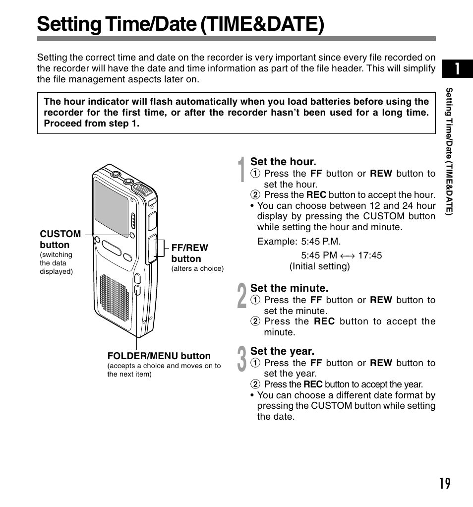 Setting time/date (time&date) | Olympus DS3300 User Manual | Page 19 / 94