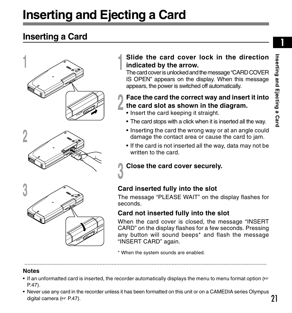Inserting and ejecting a card | Olympus DS3300 User Manual | Page 21 / 94