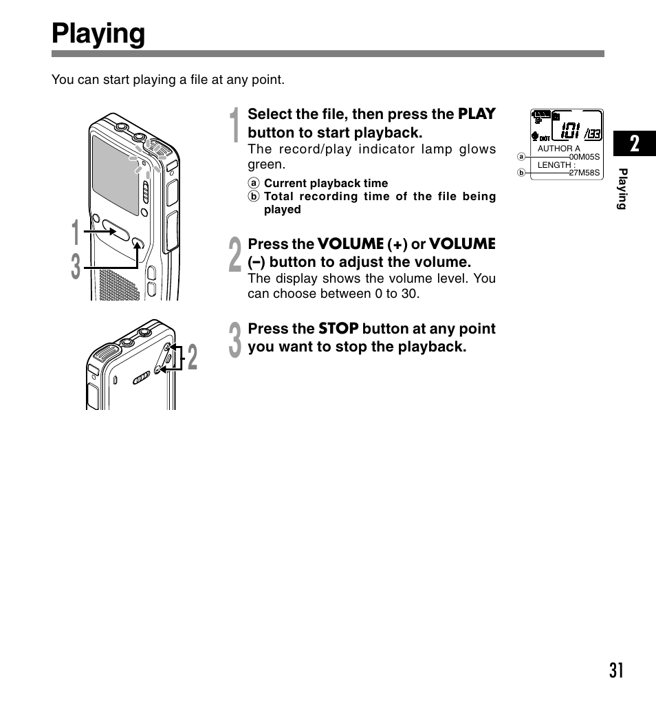 Playing | Olympus DS3300 User Manual | Page 31 / 94