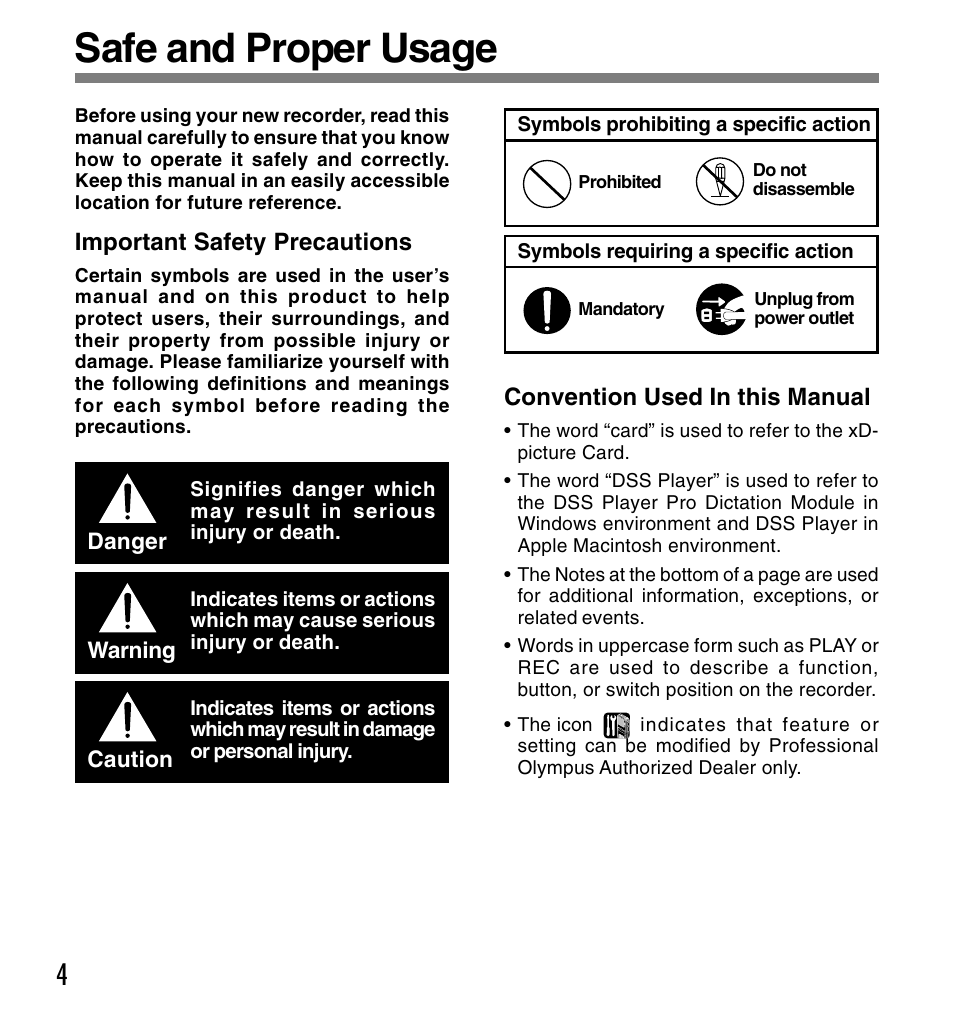 Safe and proper usage | Olympus DS3300 User Manual | Page 4 / 94