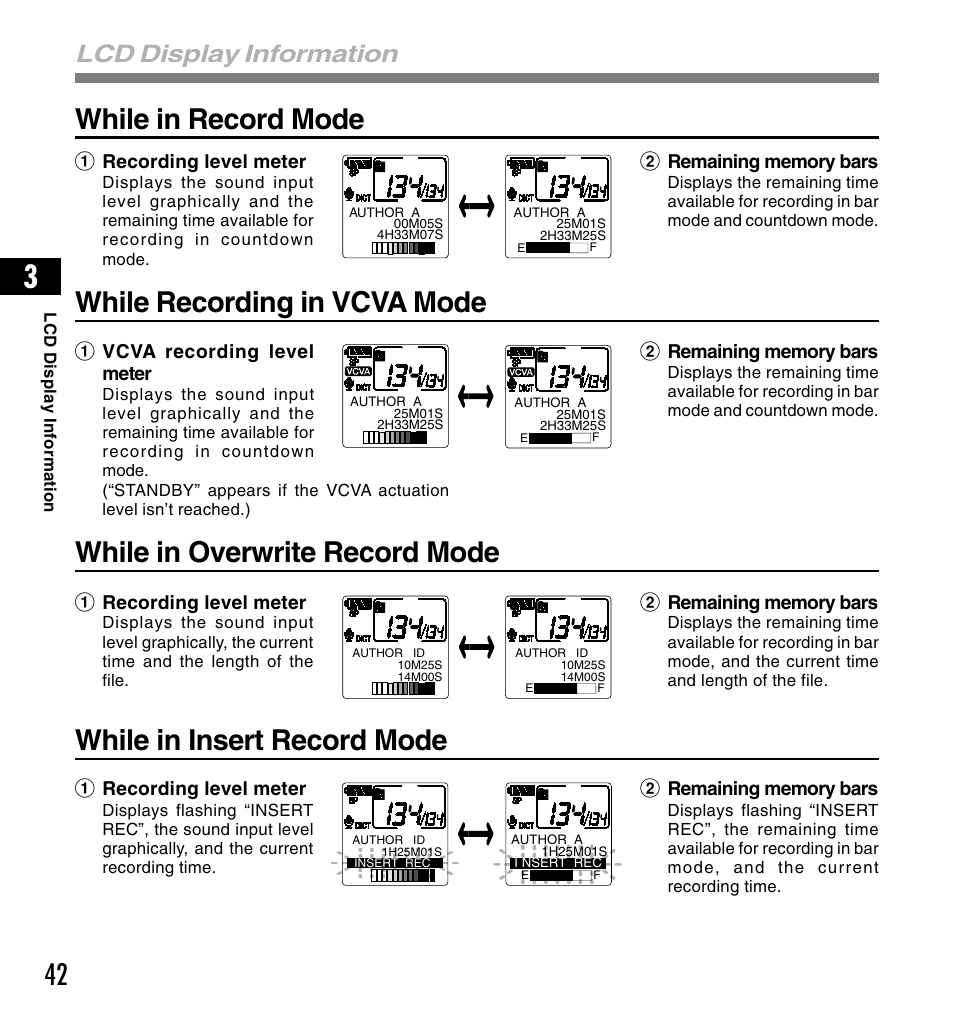 While in record mode, While in overwrite record mode, While recording in vcva mode | While in insert record mode, Lcd display information | Olympus DS3300 User Manual | Page 42 / 94