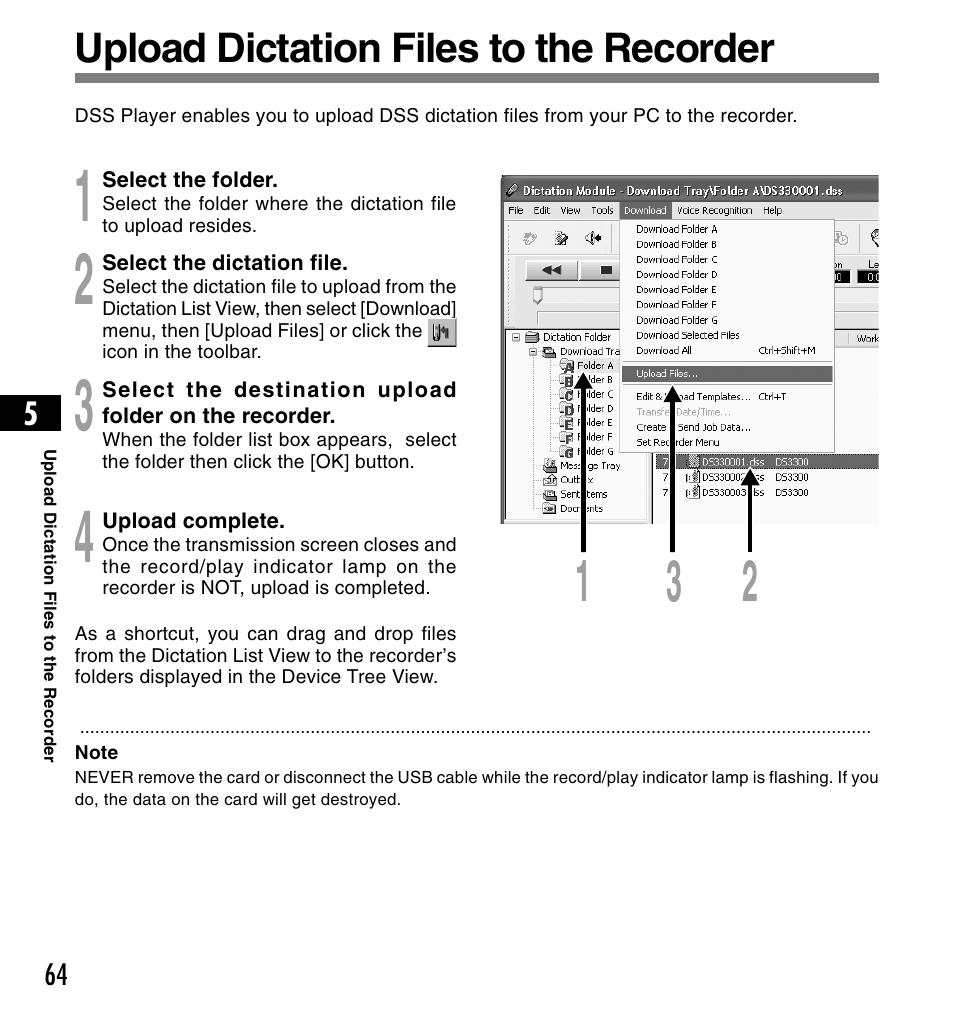 Upload dictation files to the recorder | Olympus DS3300 User Manual | Page 64 / 94