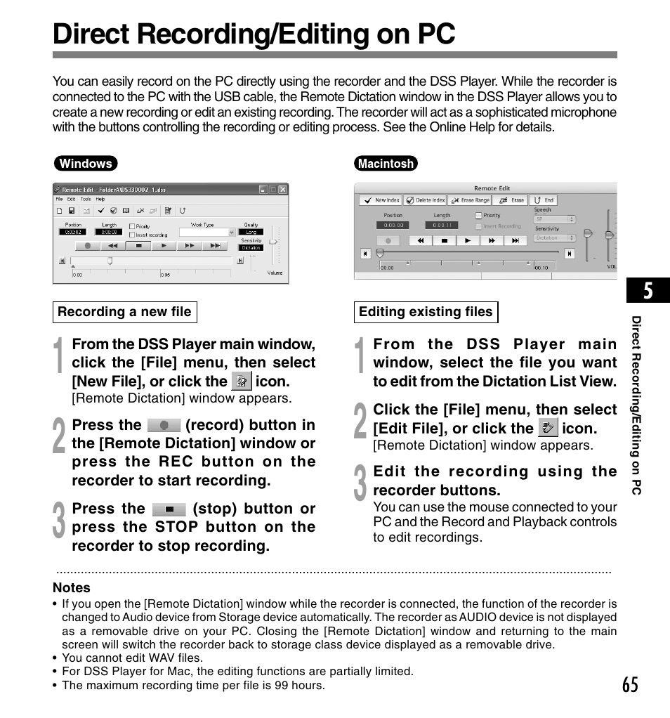 Direct recording/editing on pc | Olympus DS3300 User Manual | Page 65 / 94