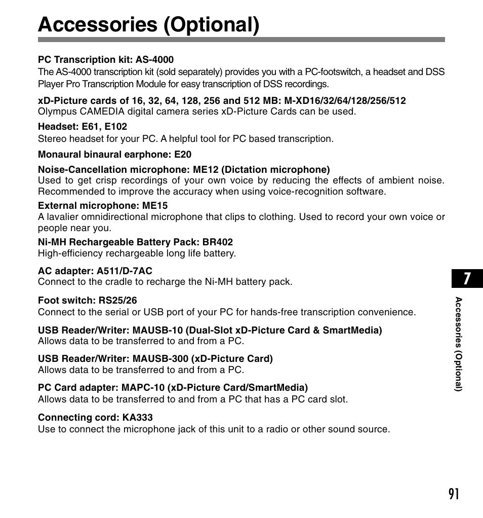 Accessories (optional) | Olympus DS3300 User Manual | Page 91 / 94