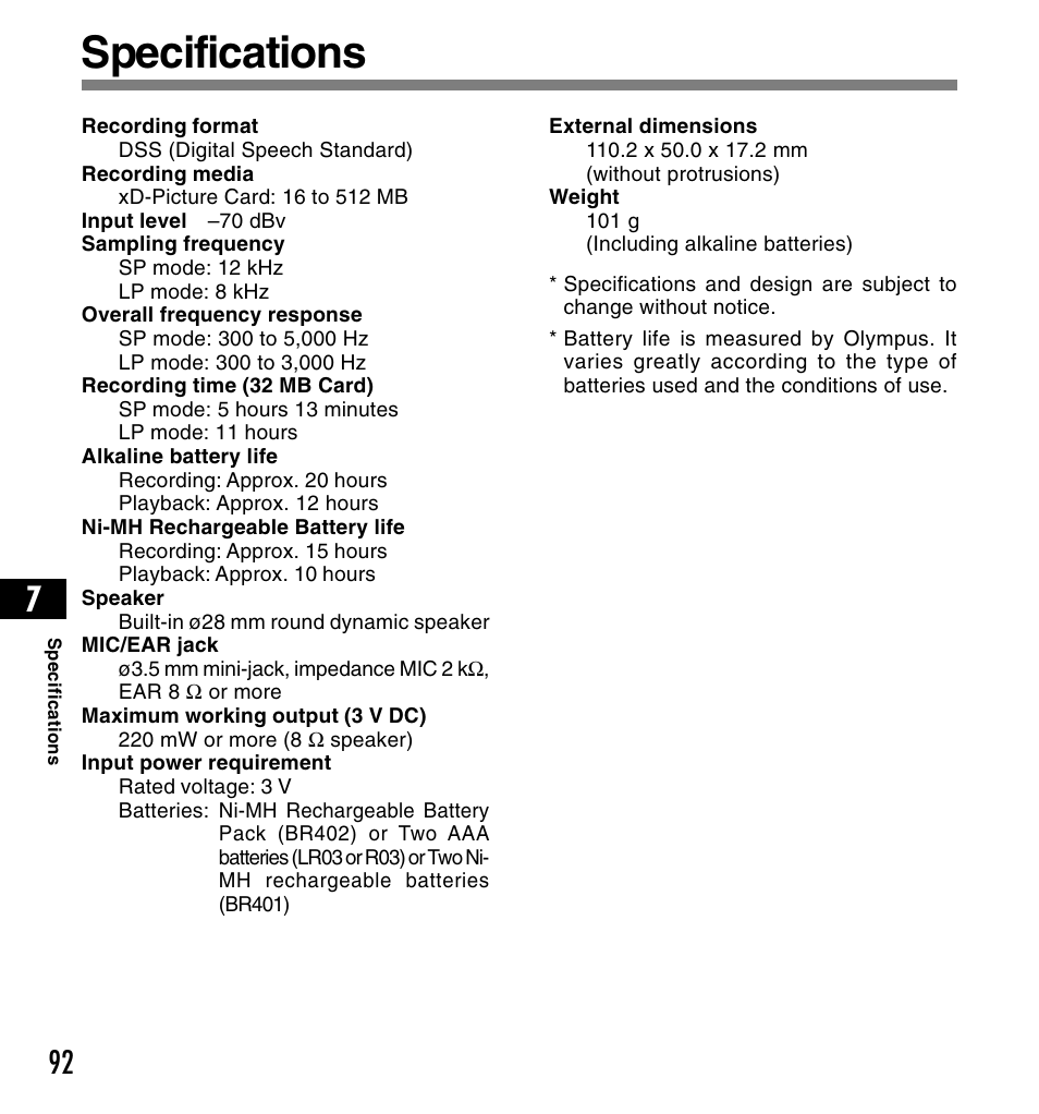 Specifications | Olympus DS3300 User Manual | Page 92 / 94
