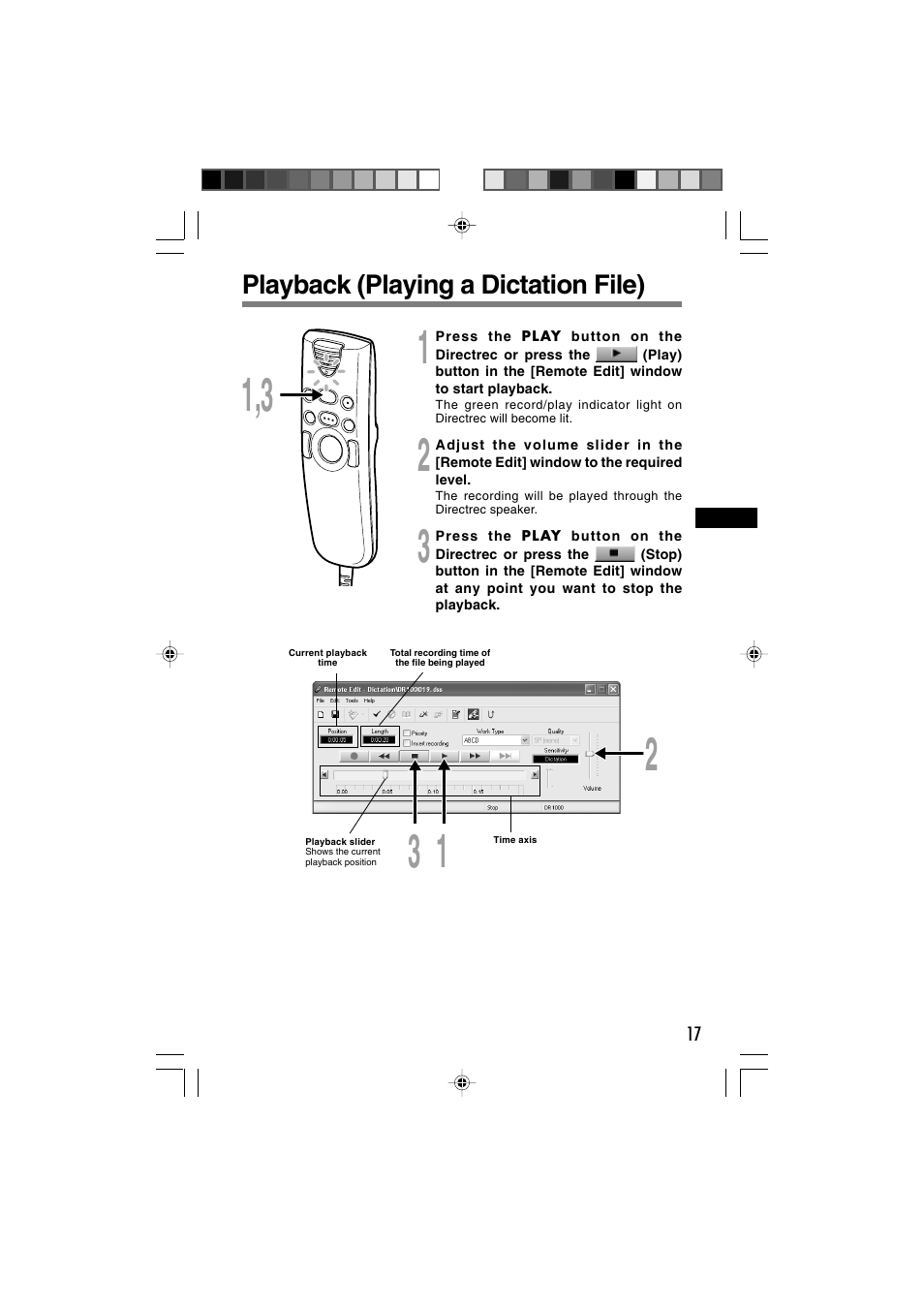 Playback (playing a dictation file) | Olympus Directrec DR-1000 User Manual | Page 17 / 36