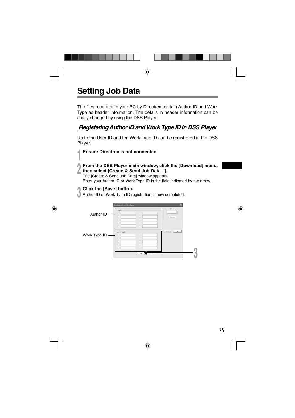 Setting job data | Olympus Directrec DR-1000 User Manual | Page 25 / 36