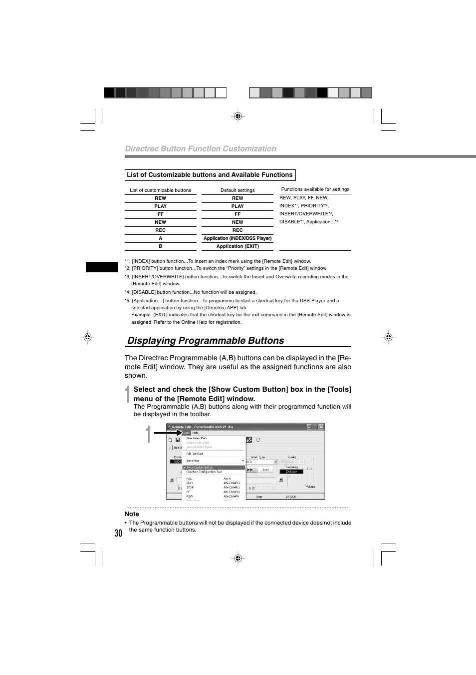 Displaying programmable buttons, Directrec button function customization | Olympus Directrec DR-1000 User Manual | Page 30 / 36